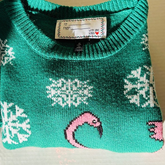 With Love Derrick Flamingo Green Christmas Sweater Women’s Small Style #104317 - Picture 10 of 11
